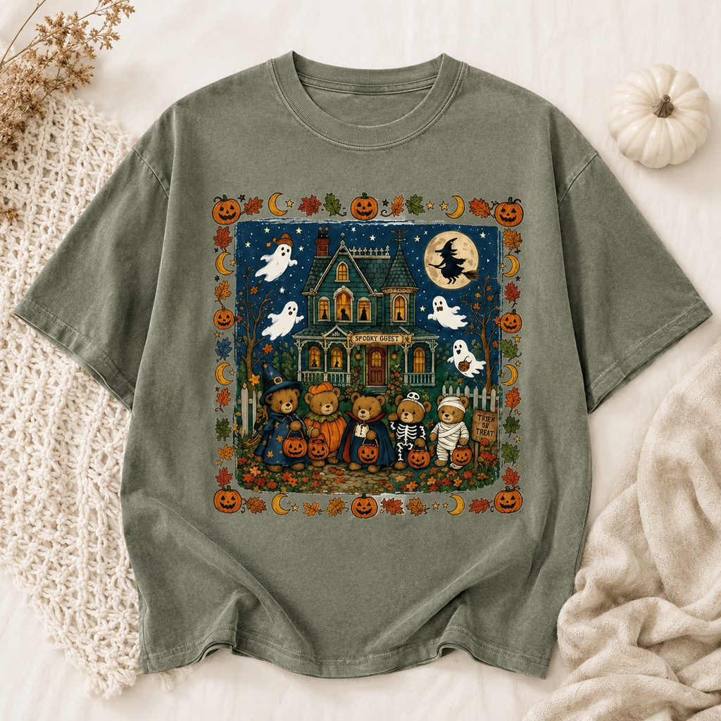 Cute Halloween Teddy Bear Shirt, Spooky Guest Haunted House Tee, Ghost Pumpkin Fall T-Shirt, Trick Or Treat Graphic Shirt