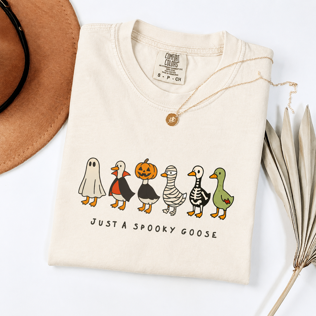 Just a Spooky Goose Comfort Colors Halloween Shirt, Funny Skeleton Goose Tee, Cute Spooky Season Graphic Shirt