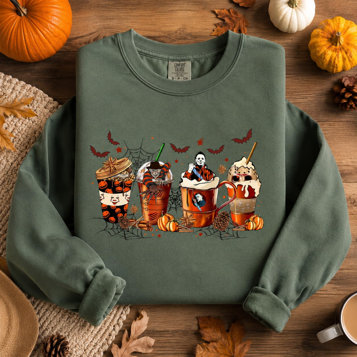 Skeleton Coffee Cups Halloween Sweatshirt, Skull Coffee Lover Crewneck, Spooky Season Graphic Pullover
