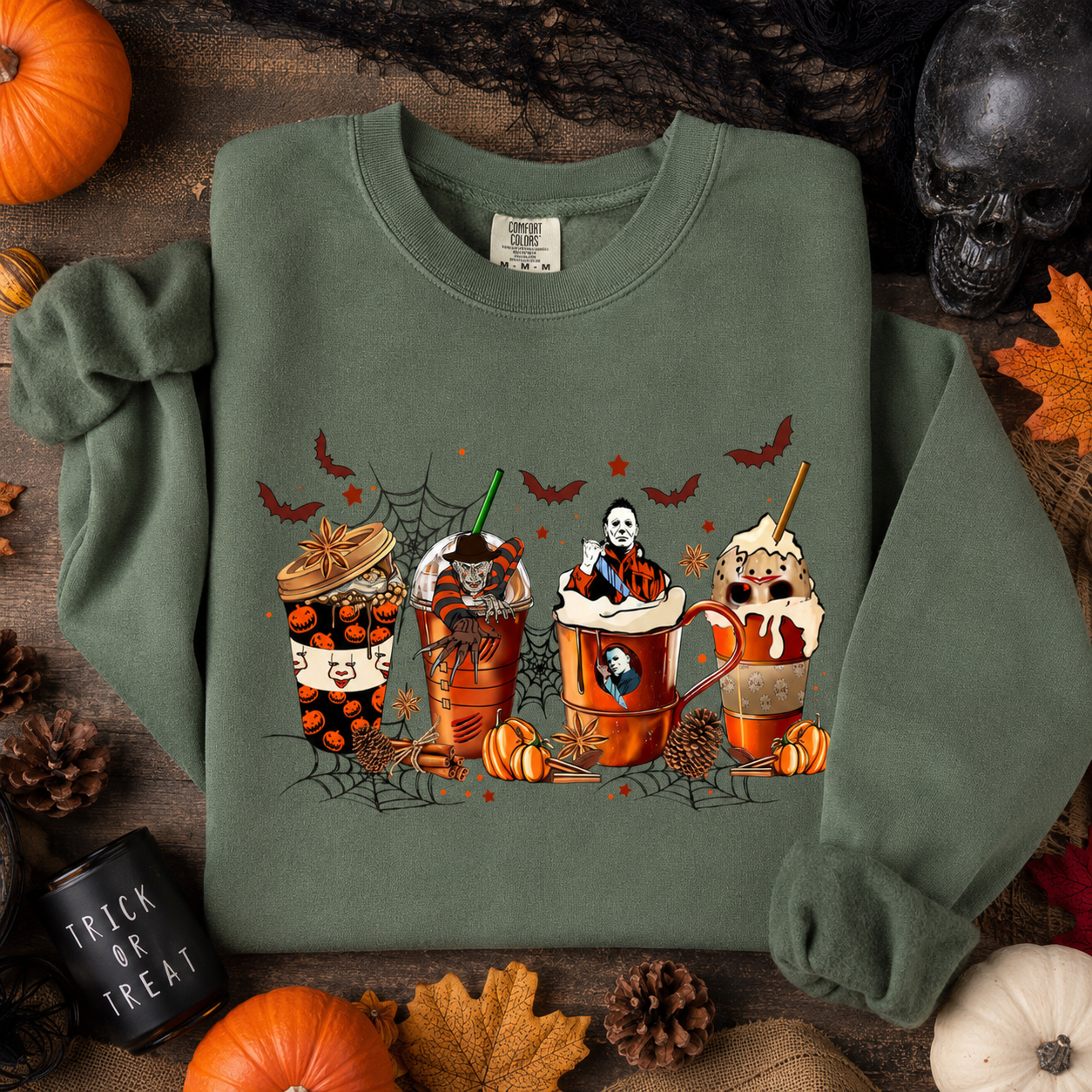Skeleton Coffee Cups Halloween Sweatshirt, Skull Coffee Lover Crewneck, Spooky Season Graphic Pullover