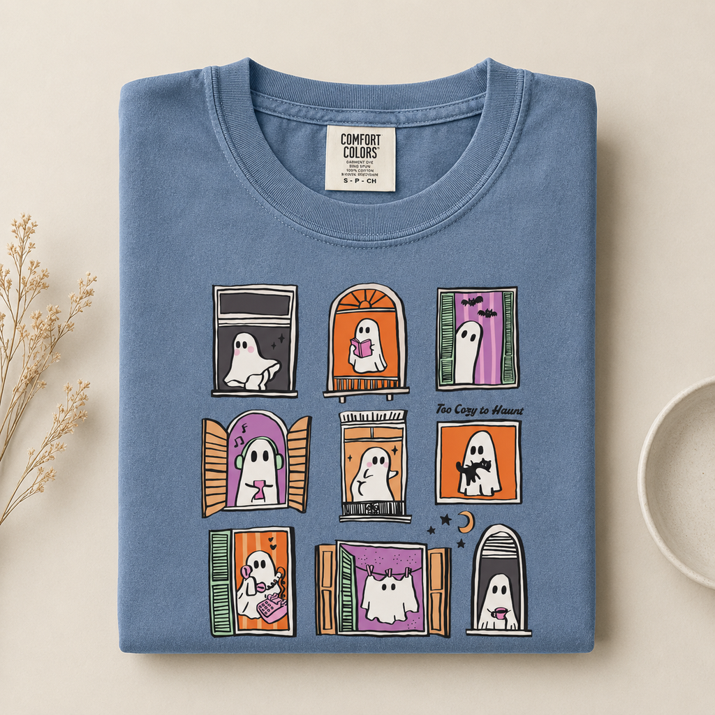 Too Cozy to Haunt Comfort Colors Shirt, Cute Ghost Window Graphic Tee, Cozy Halloween Spooky Season Fall Gift for Ghost Lovers
