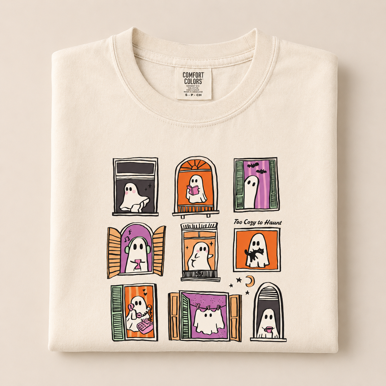 Too Cozy to Haunt Comfort Colors Shirt, Cute Ghost Window Graphic Tee, Cozy Halloween Spooky Season Fall Gift for Ghost Lovers