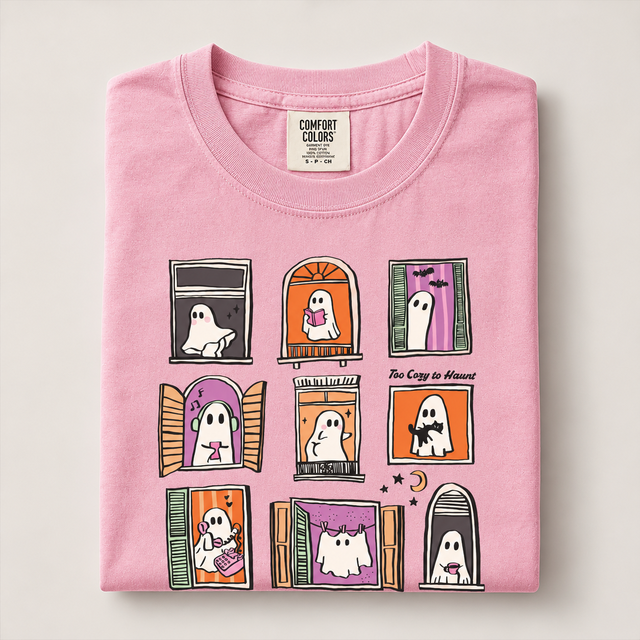 Too Cozy to Haunt Comfort Colors Shirt, Cute Ghost Window Graphic Tee, Cozy Halloween Spooky Season Fall Gift for Ghost Lovers