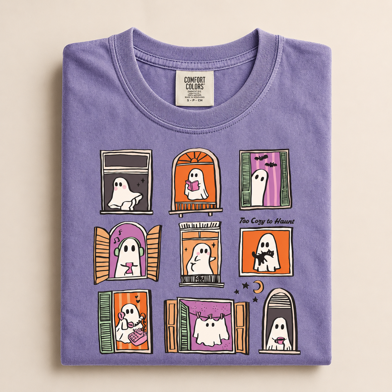 Too Cozy to Haunt Comfort Colors Shirt, Cute Ghost Window Graphic Tee, Cozy Halloween Spooky Season Fall Gift for Ghost Lovers