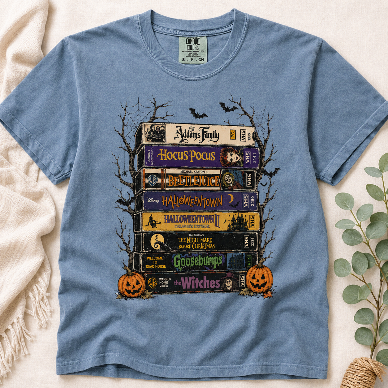 Vintage Halloween Movie Stack Comfort Colors Shirt, Retro VHS Horror Tee, Spooky Pumpkin Graphic T-Shirt, Halloween Gift